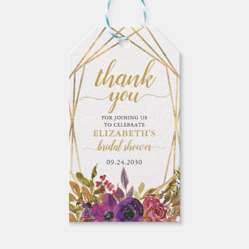 Elegant Purple Gold Floral Thank You Bridal Shower Gift Tags