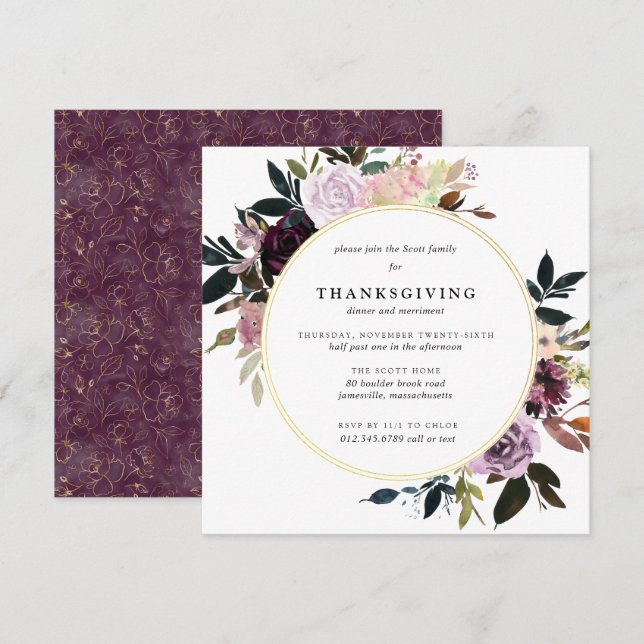 Elegant Purple Gold Floral Thanksgiving Dinner Invitation (Front/Back)