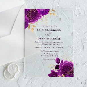 Elegant Purple & Gold Floral Wedding Acrylic Invitations