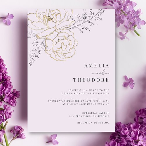 Elegant Purple Gold Floral Wedding Invitation