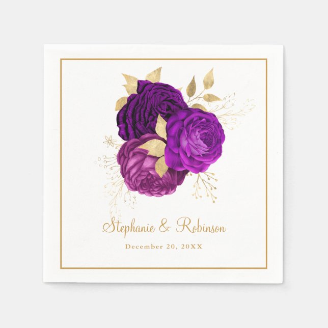 Elegant Purple Gold Floral Wedding Paper Napkins (Front)