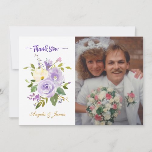 Elegant Purple Gold Floral Wedding Photo Thank You Card