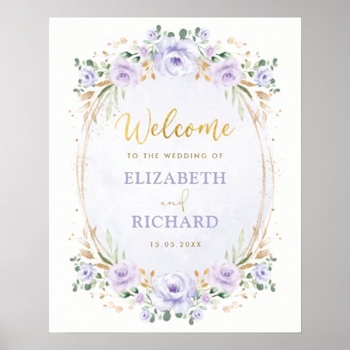 Elegant Purple Gold Floral Wedding Welcome Poster