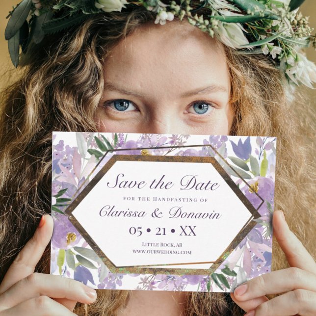 Elegant Purple & Gold Floral Wicca Handfasting Save The Date (Creator Uploaded)