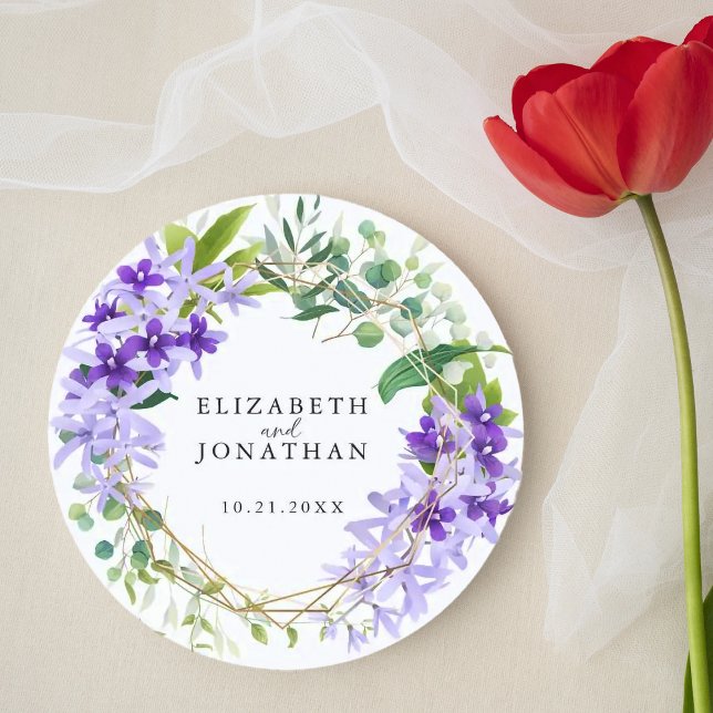 Elegant Purple Gold Floral Wreath Wedding  Classic Round Sticker (Creator Uploaded)