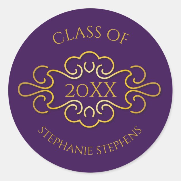 Elegant Purple | Gold Flourish Class Of Year Name Classic Round Sticker