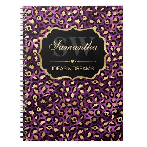 Elegant Purple  Gold Foil Leopard Spots Monogram Notebook