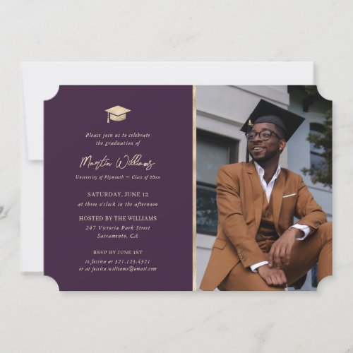 Elegant Purple Gold Foil Photo Graduation Party Invitation