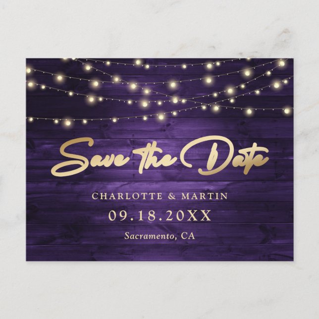 Elegant Purple Gold Foil Wood Save The Date Announcement Postcard (Front)
