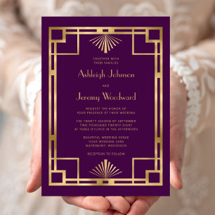 Elegant Purple Gold Geo Vintage 1920s Deco Wedding Invitation