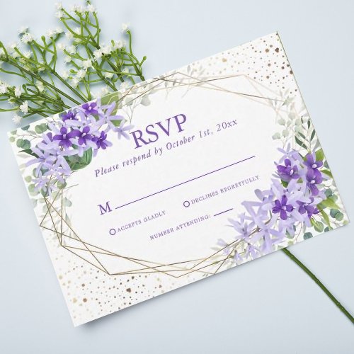 Elegant Purple Gold Geometric Flowers Wedding  RSVP Card