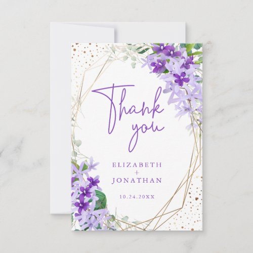 Elegant Purple Gold Geometric Flowers Wedding  Thank You Card