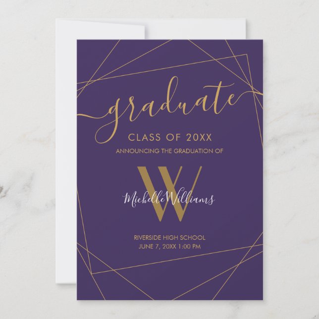 Elegant Purple Gold Geometric Monogram Graduation Announcement (Front)