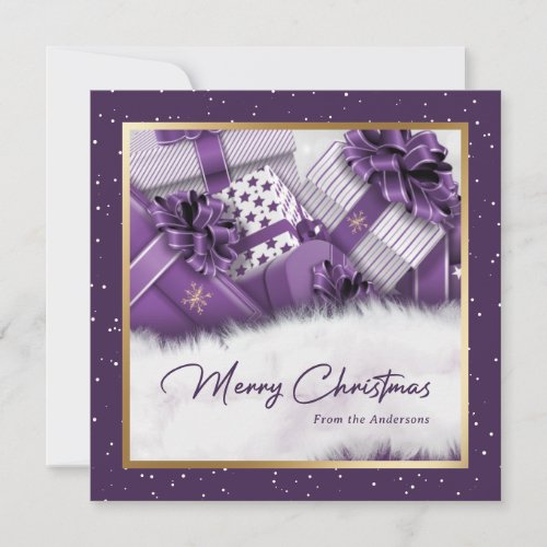 Elegant Purple Gold Gifts Snow Merry Christmas Holiday Card