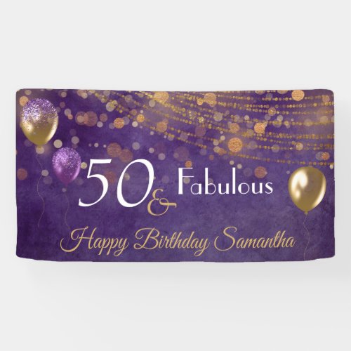 Elegant Purple Gold Glam 50 and Fabulous Birthday Banner