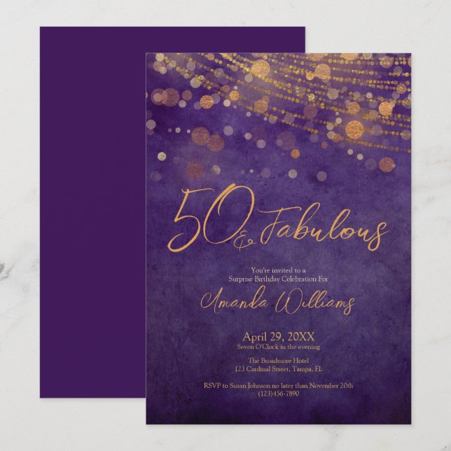Elegant Purple Gold Glam 50 and Fabulous Birthday Invitation (Front/Back)