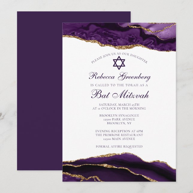 Elegant Purple Gold Glam Bat Mitzvah Party Invitation (Front/Back)