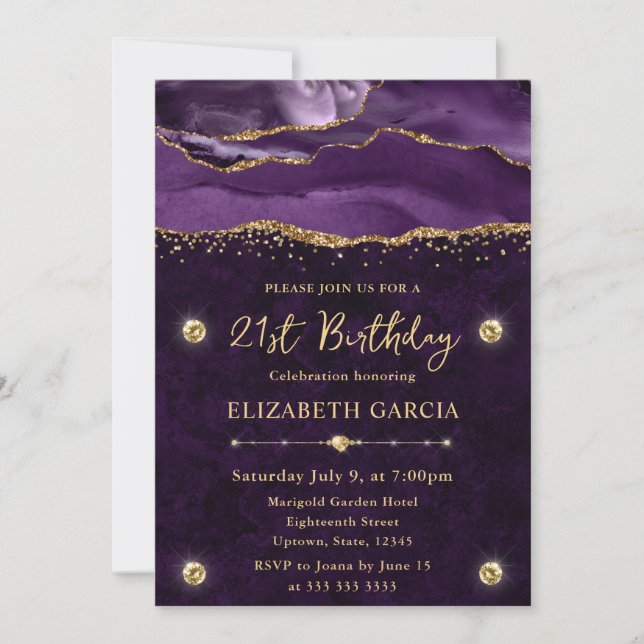 Elegant Purple & Gold Glitter Agate 21st Birthday Invitation (Front)