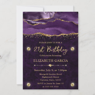 Elegant Purple & Gold Glitter Agate 21st Birthday Invitation