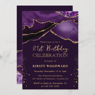 Elegant Purple & Gold Glitter Agate 21st Birthday Invitation