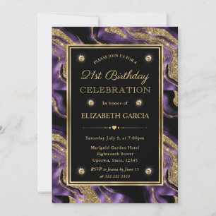 Elegant Purple & Gold Glitter Agate 21st Birthday Invitation