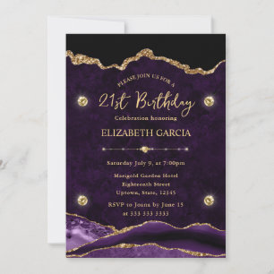 Elegant Purple & Gold Glitter Agate 21st Birthday Invitation