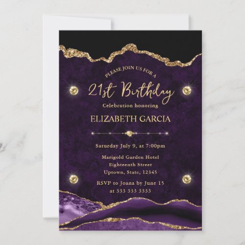 Elegant Purple  Gold Glitter Agate 21st Birthday Invitation