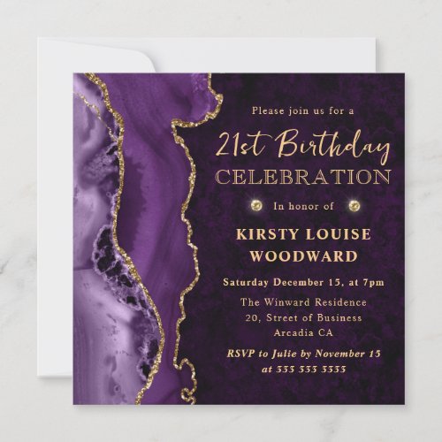 Elegant Purple  Gold Glitter Agate 21st Birthday Invitation