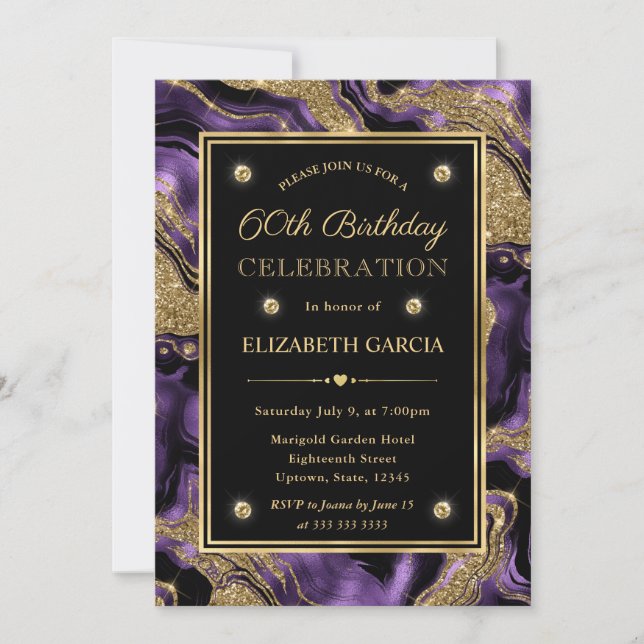 Elegant Purple & Gold Glitter Agate 60th Birthday Invitation (Front)