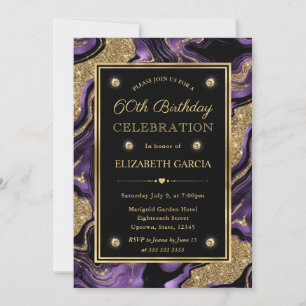 Elegant Purple & Gold Glitter Agate 60th Birthday Invitation