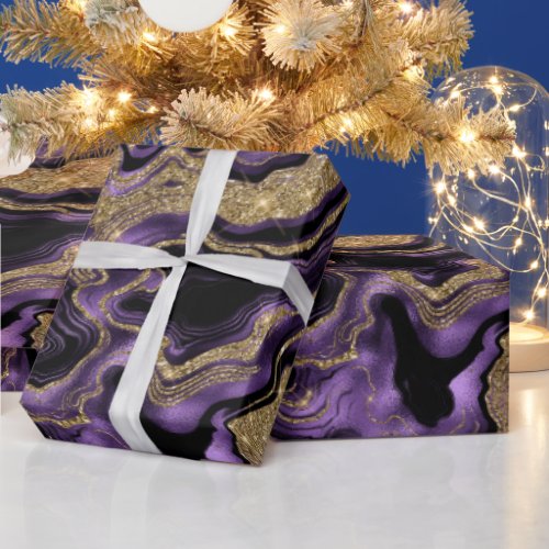 Elegant Purple  Gold Glitter Agate Birthday Wrapping Paper