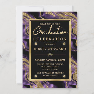 Elegant Purple & Gold Glitter Agate Graduation Invitation