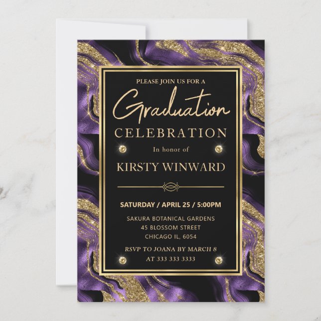 Elegant Purple & Gold Glitter Agate Graduation Invitation (Front)