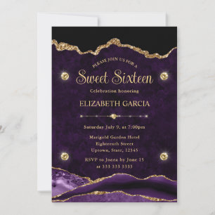 Elegant Purple & Gold Glitter Agate Sweet Sixteen Invitation