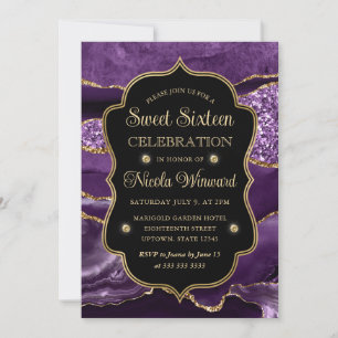 Elegant Purple & Gold Glitter Agate Sweet Sixteen Invitation