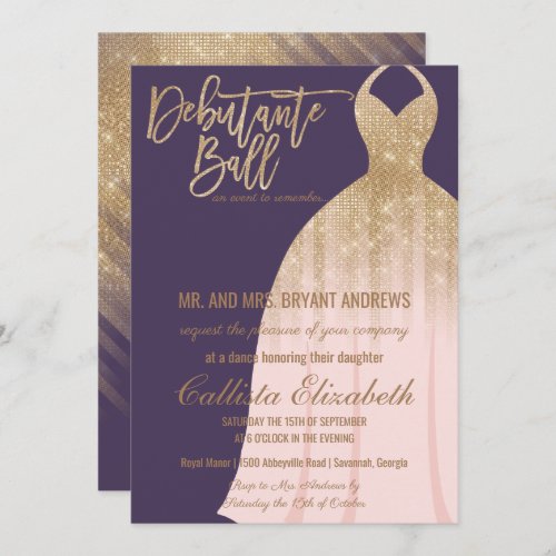 Elegant Purple Gold Glitter Dress Debutante Dance Invitation
