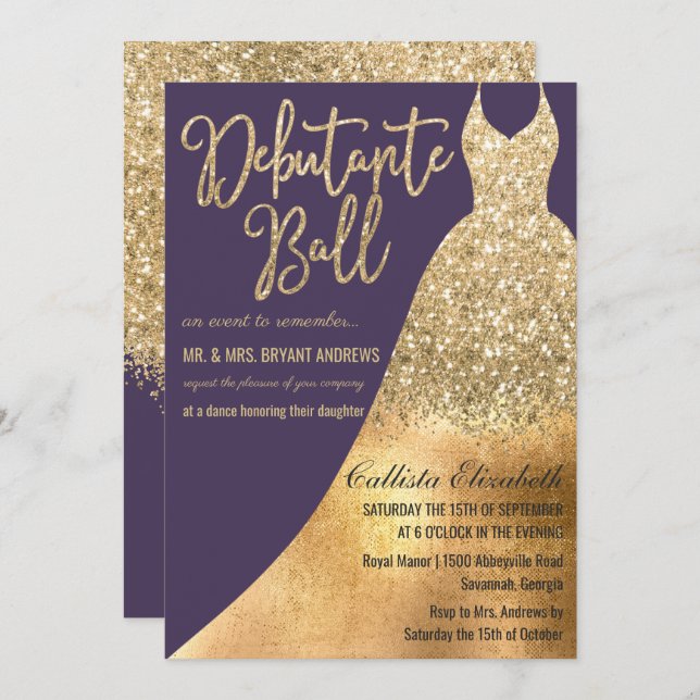 Elegant Purple Gold Glitter Dress Debutante Dance Invitation (Front/Back)