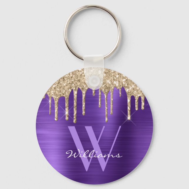Elegant Purple Gold Glitter Drips Monogram Name Keychain (Front)