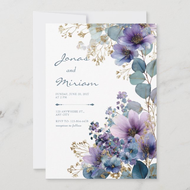 Elegant Purple Gold Glitter Floral Eucalyptus Invitation (Front)
