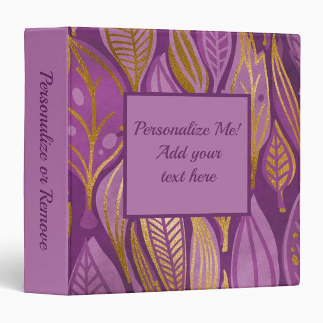 Elegant Purple Gold Glitter Foliage Pattern Chic 3 Ring Binder (Front/Spine)