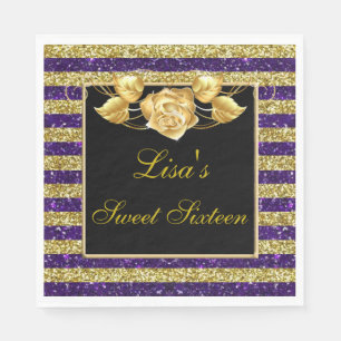 Elegant Purple Gold Glitter Gold Rose Sweet 16 Napkins