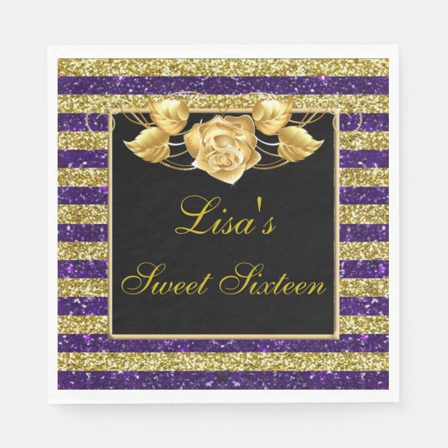 Elegant Purple Gold Glitter Gold Rose Sweet 16 Napkins (Front)