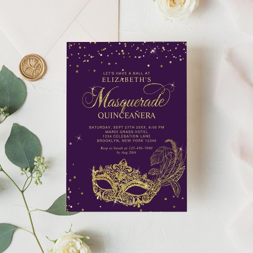 Elegant Purple Gold Glitter Masquerade Quinceaera Invitation