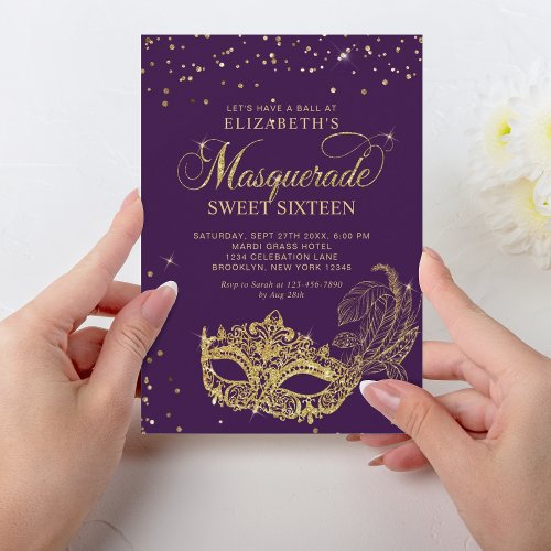 Elegant Purple Gold Glitter Masquerade Sweet 16 Invitation