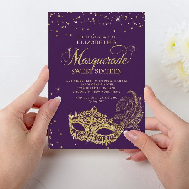 Elegant Purple Gold Glitter Masquerade Sweet 16 Invitation (Creator Uploaded)