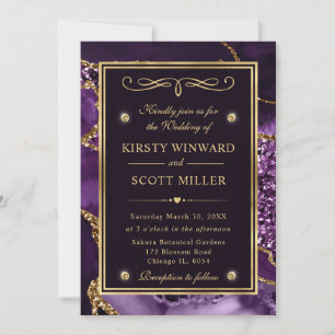 Elegant Purple & Gold Glitter Ocean Agate Wedding Invitation