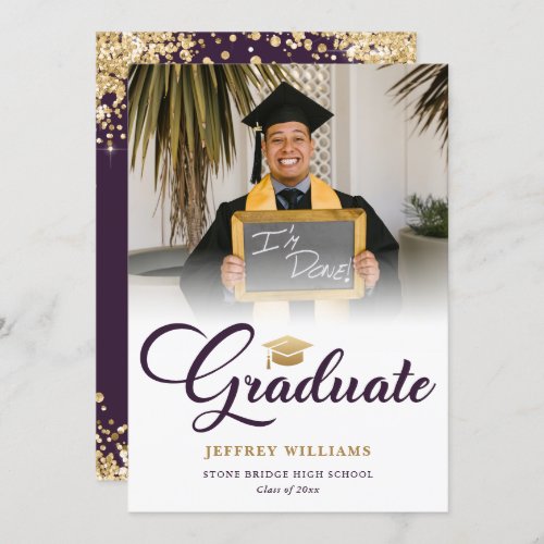 Elegant Purple Gold Glitter Photo Graduation Party Invitation