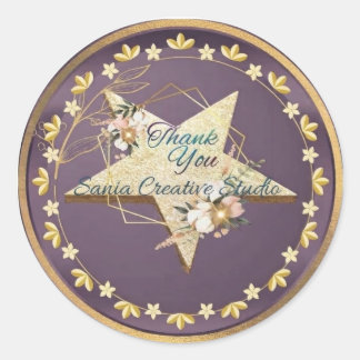 Elegant Purple & Gold Glitter Star "Thank You" Sti Classic Round Sticker