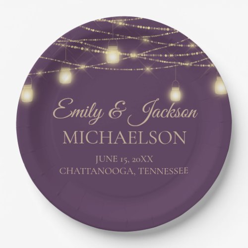Elegant Purple Gold Glitter String Lights Wedding Paper Plates