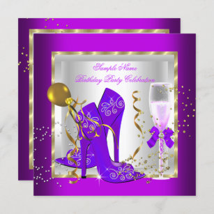 Elegant Purple Gold Glitter White Birthday Party Invitation